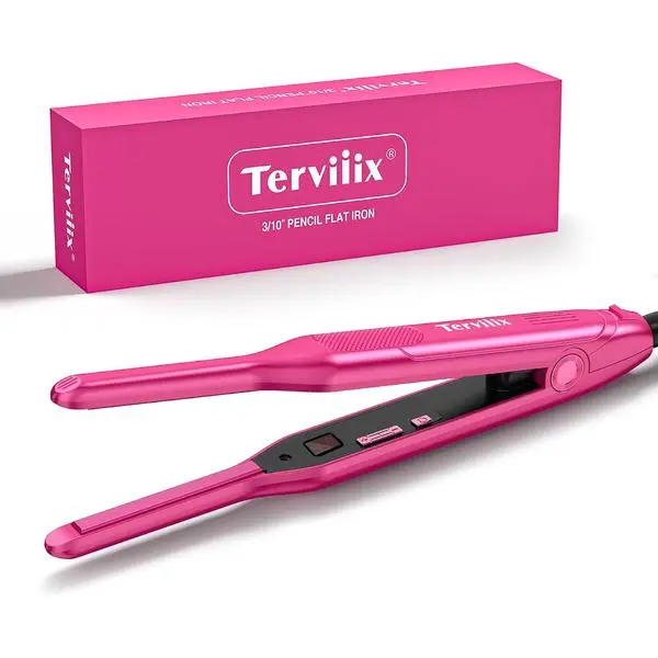 Terviiix Mini Flat Iron and Hair Straightener for Short Hair, Edges, and Pixie Cut - 3/10 Inch Skinny Pencil Straightener for Black Women's Baby Hair, LCD Digital Display, Dual Voltage, Pink