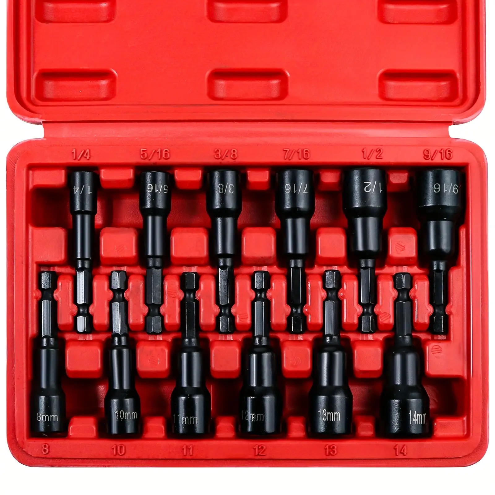 12Pcs Magnetic Nut Driver Master Set, 1/4" Hex Shank Impact Drill Socket Set, Metric (8-14mm) & SAE (1/4"-9/16"), CR-V Steel Nut Setter Bits with Storage Case