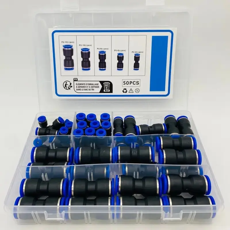 50pcs/Box Metal Push-in Pneumatic Air Pipe Fitting Kit - Quick Connect, Leak-Proof, Easy-to-Install Universal Thread Connector with Hose Clamps for 5/32, 1/4, 5/16, 3/8, 1/2 Inch Tubes (Hose Clamp Kit)