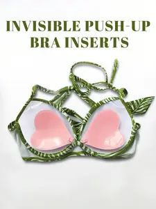 Heart-Shaped Invisible Adhesive Bra for Bikini Seamless Push Up Sticky Bra for Women Small to Large Breasts Backless Nipple Covers with Clear Straps Sweatproof Skin-Friendly Plunge Bra for Swimwear Summer Essentials Deep V Lift
