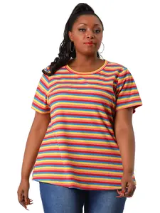 Agnes Orinda Plus Size Stripe T Shirt for Women Short Sleeve Crew Neck Rainbow Striped Top