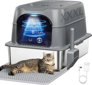 Smart Odor Control Automatic Cat Litter Box with Cover,60L XXXL Stainless Steel Enclosed for Big Multiple senior Cats Essentials, Plasma Sterilization Deodorizer with Infrared Auto Pause, No More Odors,Easy to Clean,Pet Parlour SummerVibes