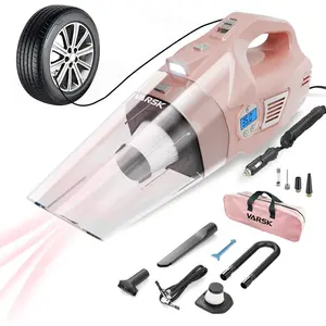4-in-1 Car Vacuum Cleaner High Power, Gifts for Women, Pink Handheld Car Vacuum Portable Tire Inflator For Car With Digital Tire Pressure Gauge LCD Display and Light, 12V DC, 15FT Cord