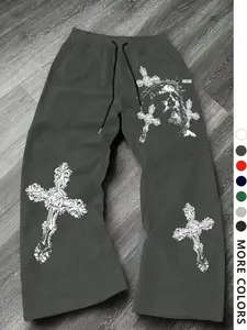 Y2K Gothic Cross Jesus Print Loose Straight Pants | Decadent Punk Street Style | Comfortable Drawstring Pants for Everyday and Skatewear | Fashionable Y2K Bottoms