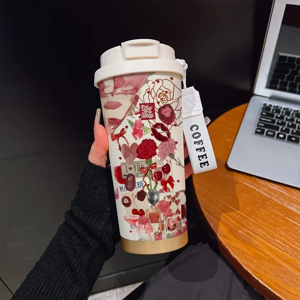 530ML Insulated Tumbler, Boho Style Abstract Pattern, Stainless Steel, Travel Mug with Straw and Strap, Ideal Gift for Holidays