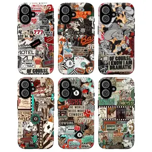 Western Vintage Collage Tough Phone Case – Cowboy Cowgirl Motel Dice Tiger Pinup Retro Rustic Aesthetic, Compatible, Shockproof Anti-Drop, Glossy Scratch-Resistant Full Protection for iPhone