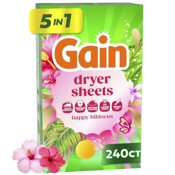 Gain, Laundry Dryer Sheets, Fabric Softener Anti Static Sheets, Happy Hibiscus Scent, 240 Count