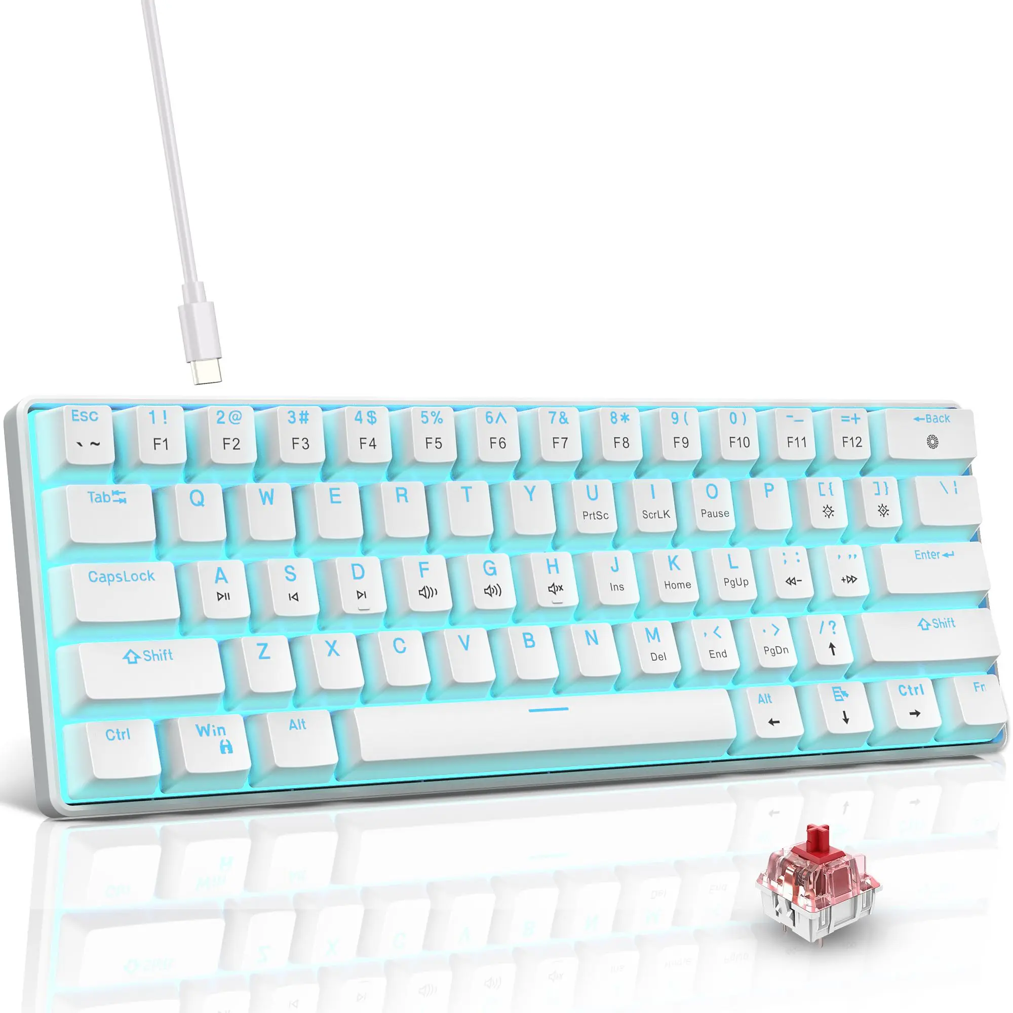 Snpurdiri Portable 60% Mechanical Gaming Keyboard, Ice Blue LED Backlit 61 Keys Mini Wired  Keyboard for Windows Laptop PC Mac (White,Red Switches) office accessory ergonomic design creamy