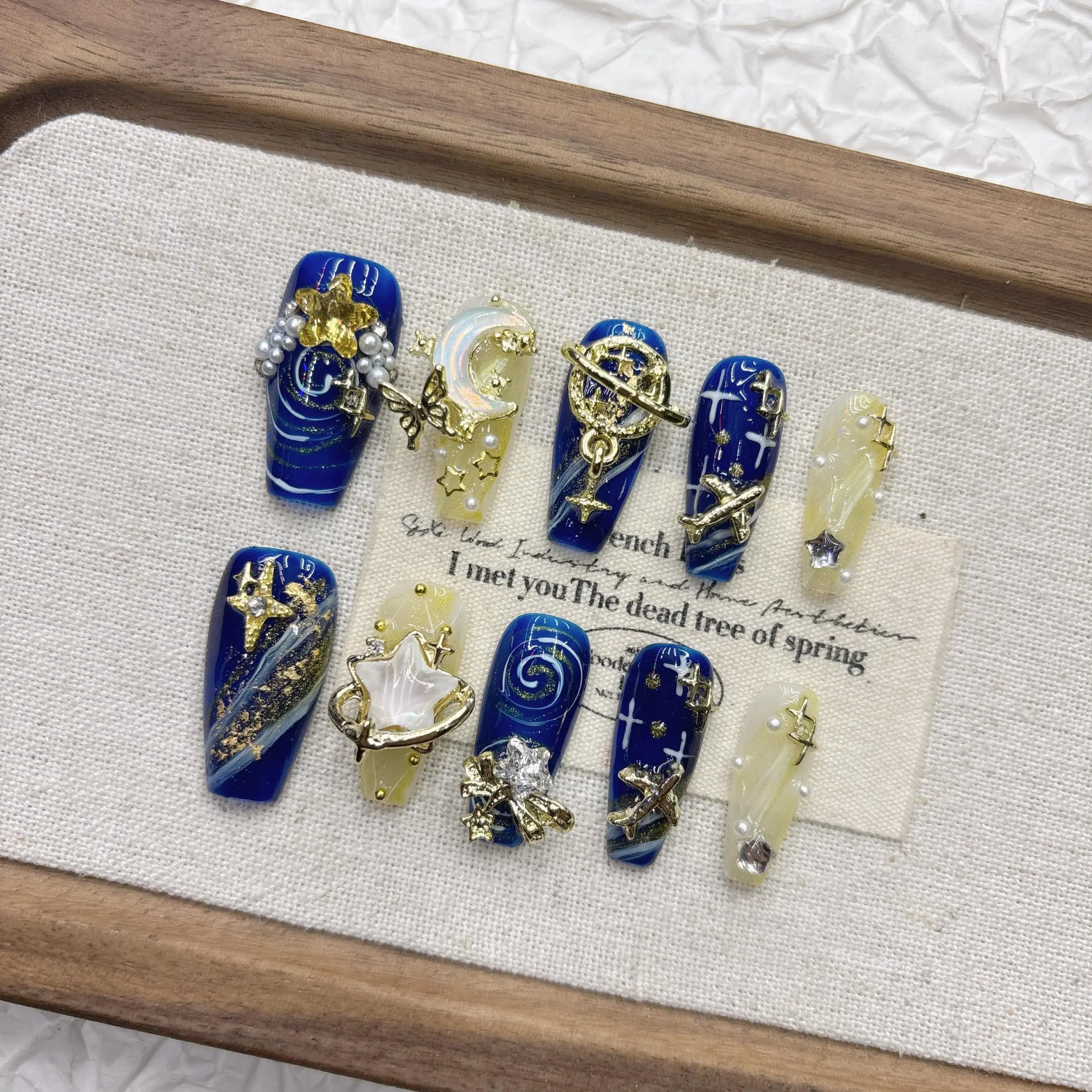 Universe Fantasy Nail Art Stickers with Stars Moon Spaceship Galaxy Design Blue Yellow SciFi Theme False Nails for Women Party