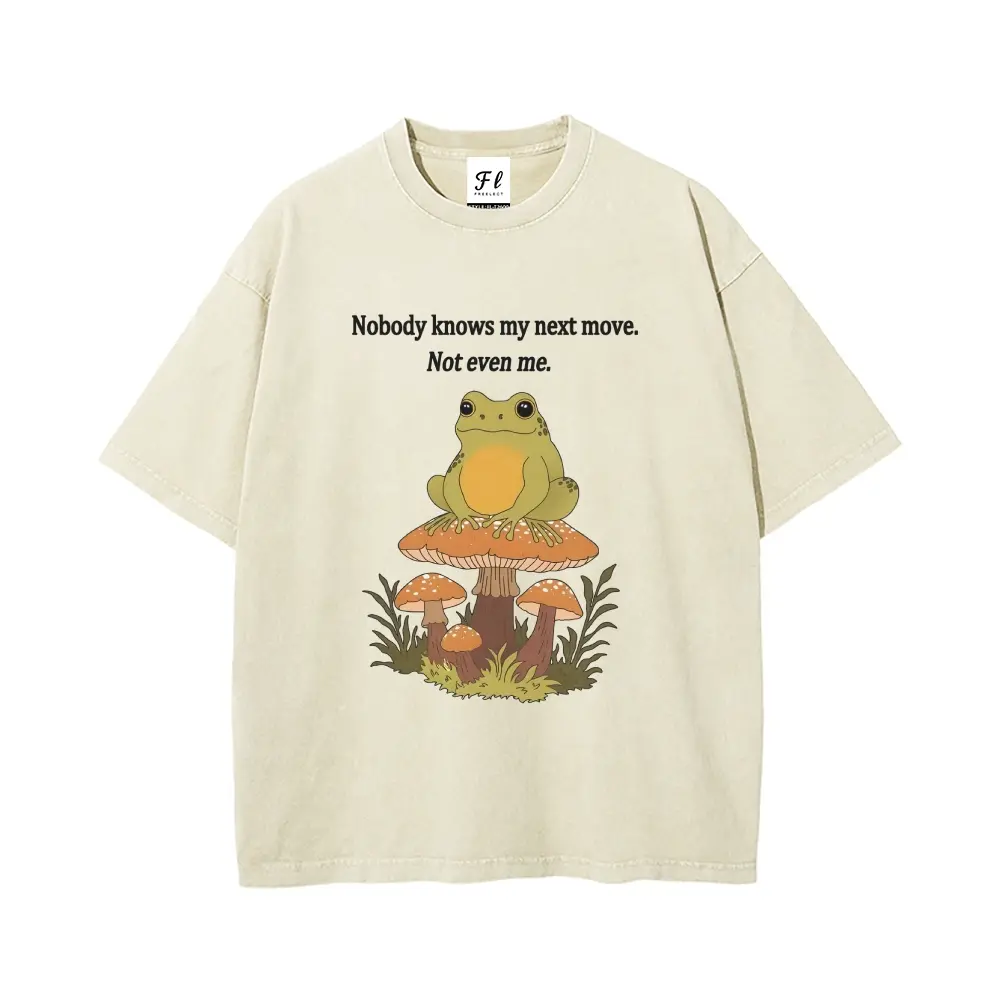 Nobody knows my next move Slacking-off attitude mushroom frog Unisex Plus Size Summer Graphic Tees Personalized Pattern Y2k Clothing Round Neck Short-Sleeved Washed T-Shirt,Women's Clothing 100% Cotton, Menswear, Top, Vintage Style, Casual Oversized