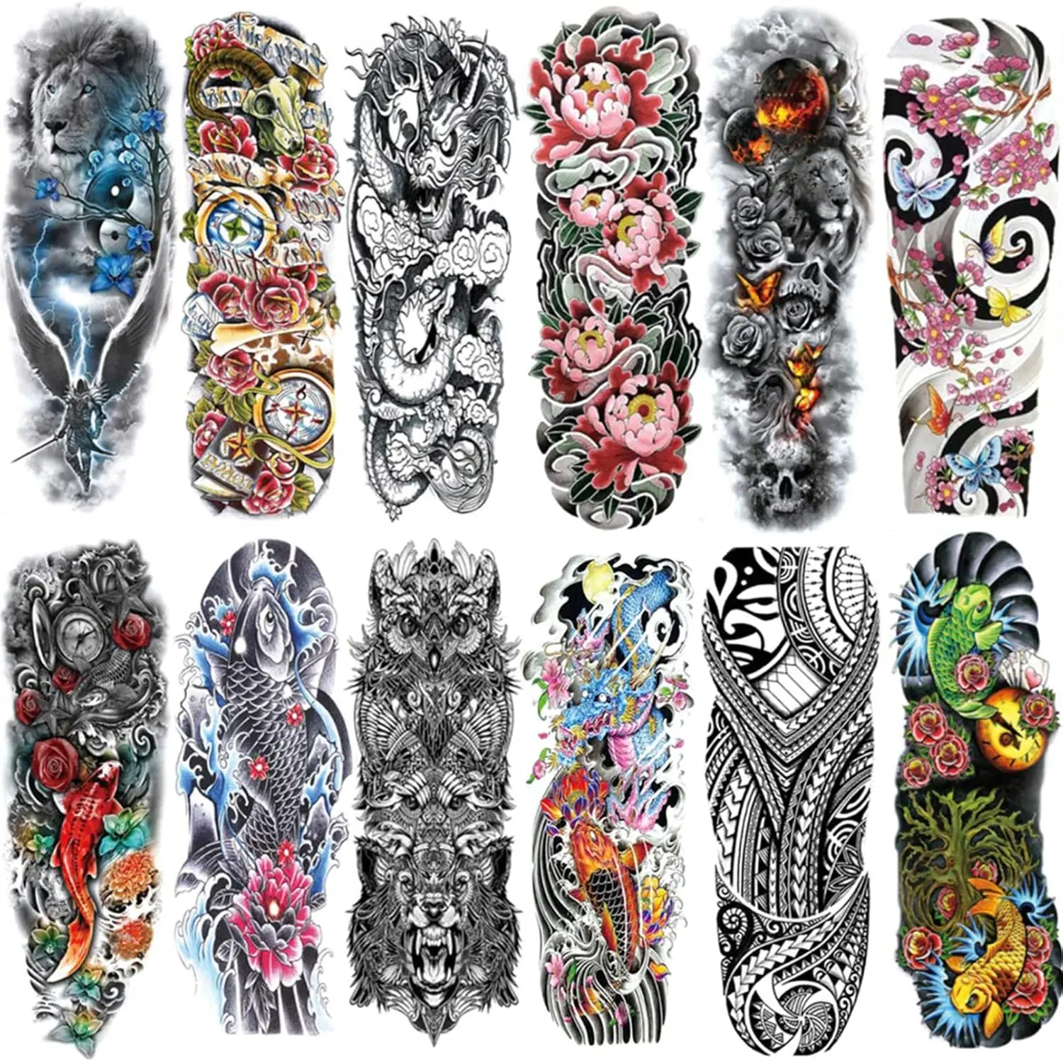 12 Sheets Full Arm Temporary Tattoo Sleeves for Men Women Adults | Realistic Fake Tattoo Stickers, Long-Lasting, Waterproof, Sweatproof, Ideal for Wedding, Parties, Cosplay, Halloween