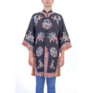 1940S Black Floral Print Silk Long Chinese Jacket