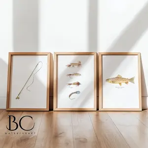 Trout Fly Fishing Wall Art Set, Lures & Rod Prints, Fishing Lover Decor, Unframed