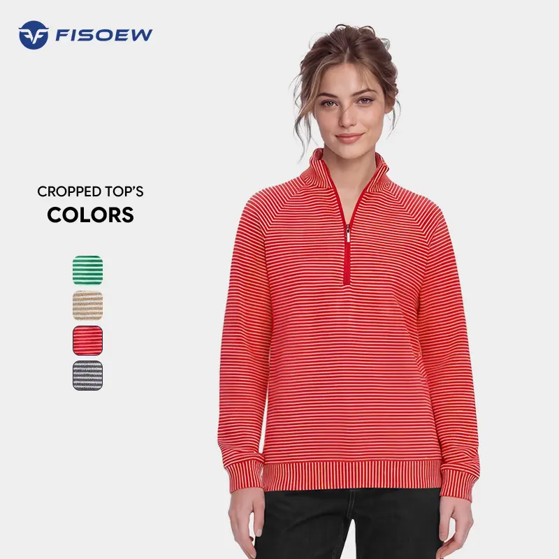 Fisoew Women's Lightweight Ribbed Long Sleeve Top - Preppy Minimalist Horizontal Striped Half-Zip Stand Collar Soft Loose Cropped Knitwear, Silver, Elegant Fit, for Golf Fall, Adjustable, Fashion Zip-Front Cropped Women's Pullovers Tops