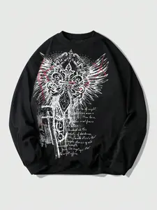 Men's Waffle Fabric Textured Gothic Cross Print Pullover Sweatshirt, Casual Loose-Fitting Long Sleeve, Fall & Winter Fashion