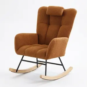 Garvee Rocking Chair with Bouclette Upholstery, Steel Frame, Solid Wood Legs, Brown Finish, Dimensions 68.3X92X91CM, Includes Pillow, Ideal for Nursing and Relaxation