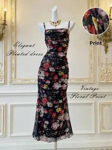 Floral Print Ruched Mesh Slip Dress for Women - Vintage Hippie Style Outfit