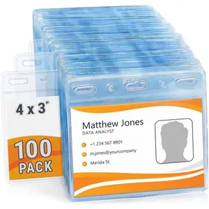 Horizontal Card Protector with Soft Edge (Large 4x3, 100 Pack) Clear Plastic Pouch for ID Name Badge Holders, Conference Nametag Sleeves, No Zipper for Quick and Easy Loading of Card Inserts