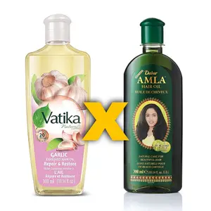 Pack of Dabur Vatika Garlic Hair Oil 10.14oz/300ml + Amla Hair Oil 10.14oz/300ml - For Healthy, Moisturized Hair and Scalp