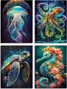 4 Pack Stamped Cross Stitch Kits for Adults - Cross Stitch Kits for Beginners,11 CT Ocean Animal Cross Stitch Patterns Dimensions DIY Counted Cross Stitch Kits for Adults Arts Craft 12x16 inch