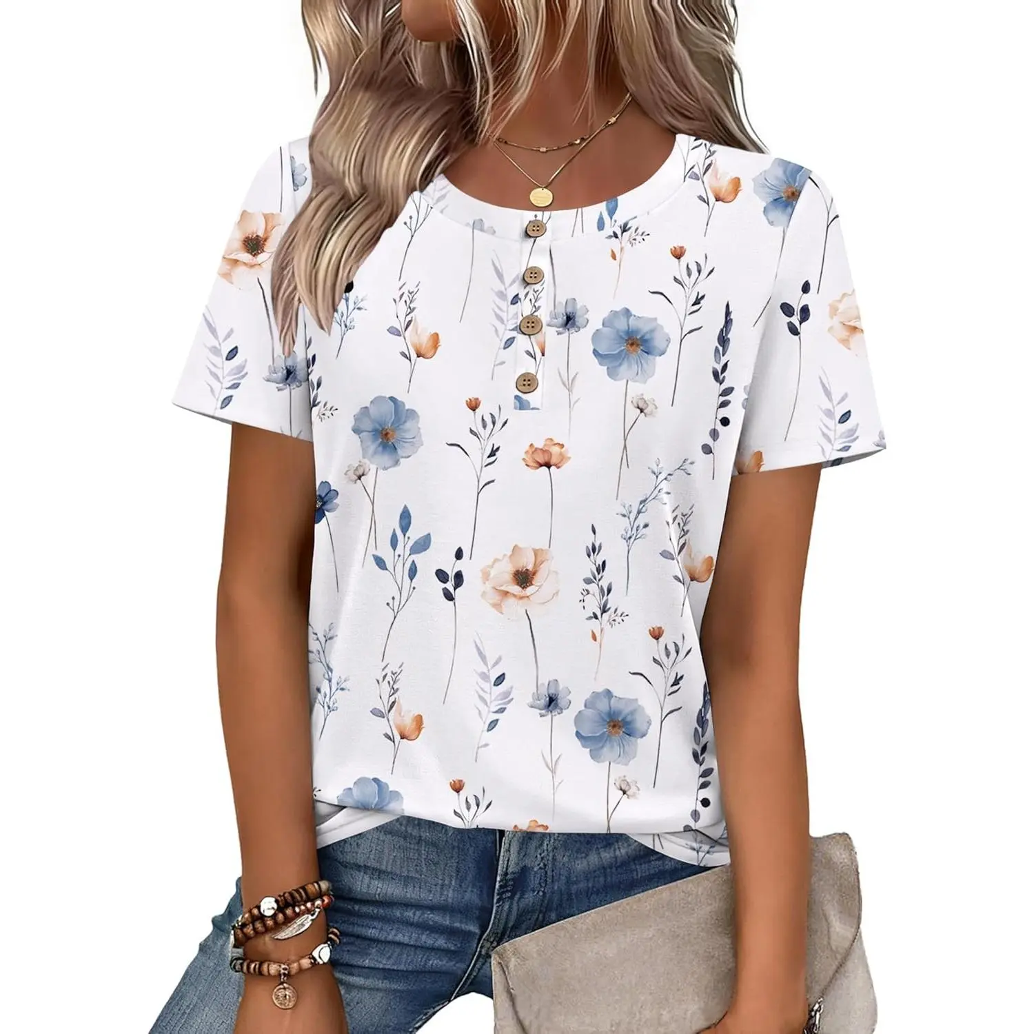 Women's Summer Short-Sleeve Floral Henley Blouse - Polyester Outfits for Business Work, Dressy Casual Use - Pair with Skirts, Beach Jacket - Round Neck Tee Shirt Gift