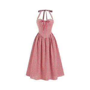 Cider Cotton-blend Sculptural Gingham Halter Neckline Shirred A-line Maxi Dress