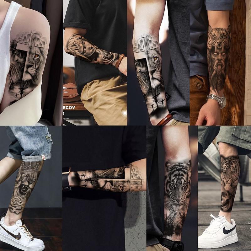 76 Sheets Large Black Temporary Tattoo Stickers - Tribal Wolves, Tigers, Lions, Snakes, Skulls, 12 Fake Tattoo Stickers for Men & Women Arm Designs