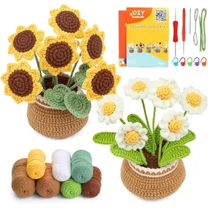 2 Pieces Crochet Hook Set, Suitable for Beginners, Flowers Crochet Hook Set, Crochet Starter Kit Potted Plants with Step-by-Step Video Tutorial, Suitable for Beginners and Adults (Daisies and Sunflowers)