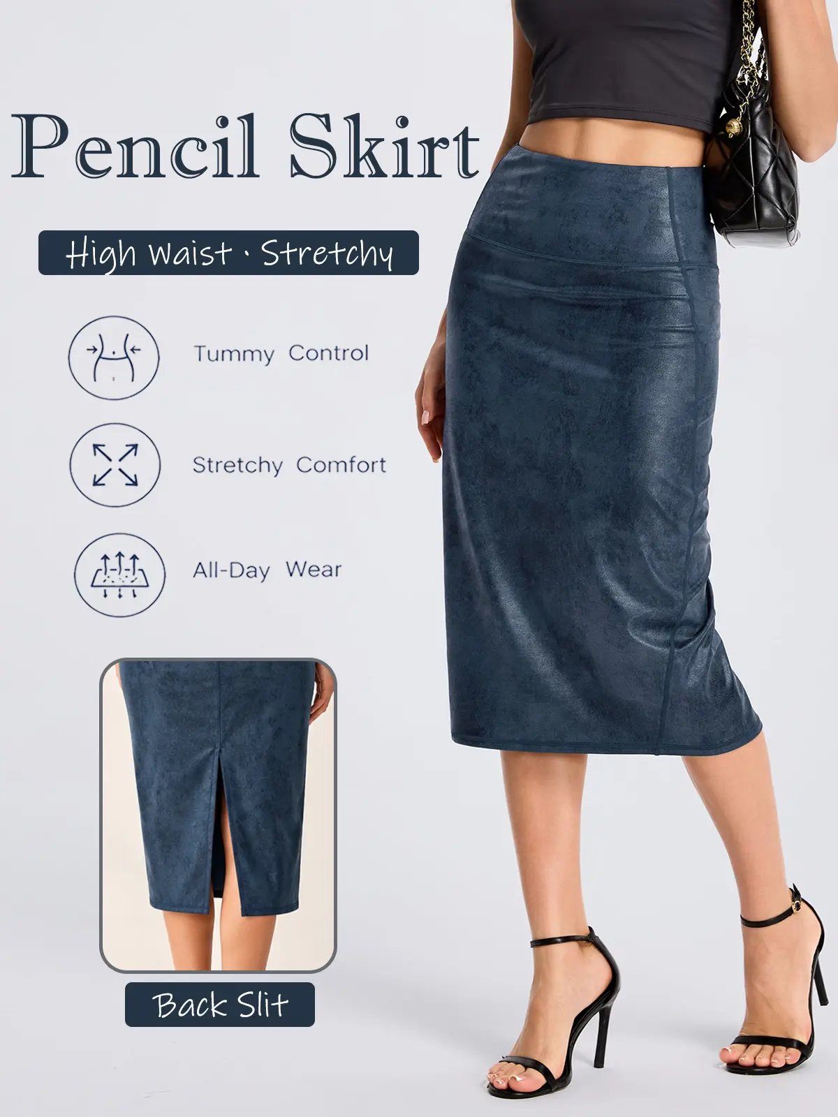 THE GYM PEOPLE Women's High Waist Tummy Control Stretchy Pencil Midi Skirt - Below Knee, Back Slit, Bottom for Work #TikTokShopBacktoSchool, Skirts for Women, Mid-High Waist Skirts