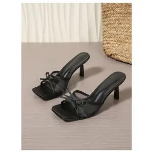 PU Leather Bow Mesh Square Open Toe Heeled Sandals Summer Outdoor Sandals