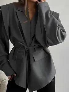 Women's Lapel Pure Color Blazer Jacket, Padded Shoulders, Long Sleeve, Short Sporty Office Blazer, Loose Fit Casual Outerwear