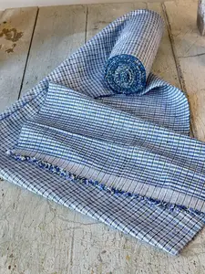 3.7 yrds x15 Fabric Antique blue and white table runner plaid heavyweight cotton French country shabby farmhouse cottage decor art plaid