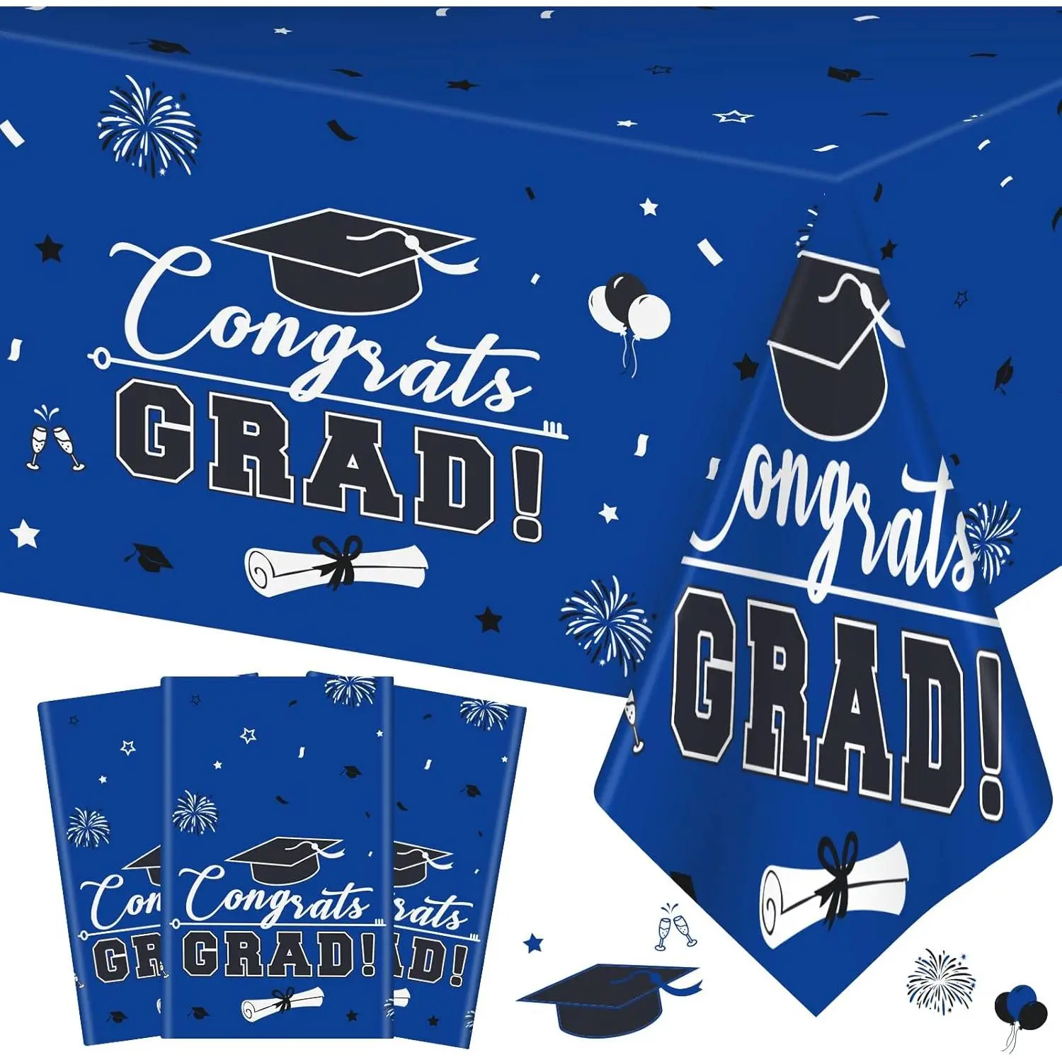 3 Pcs Graduation Tablecloth - Congrats Grad Table Cloth for Class of 2026, Disposable Plastic Rectangle Grad Table Cover for Graduation Party Decorations 2026 and Party Supplies, 54 x 108 Inch (Blue)
