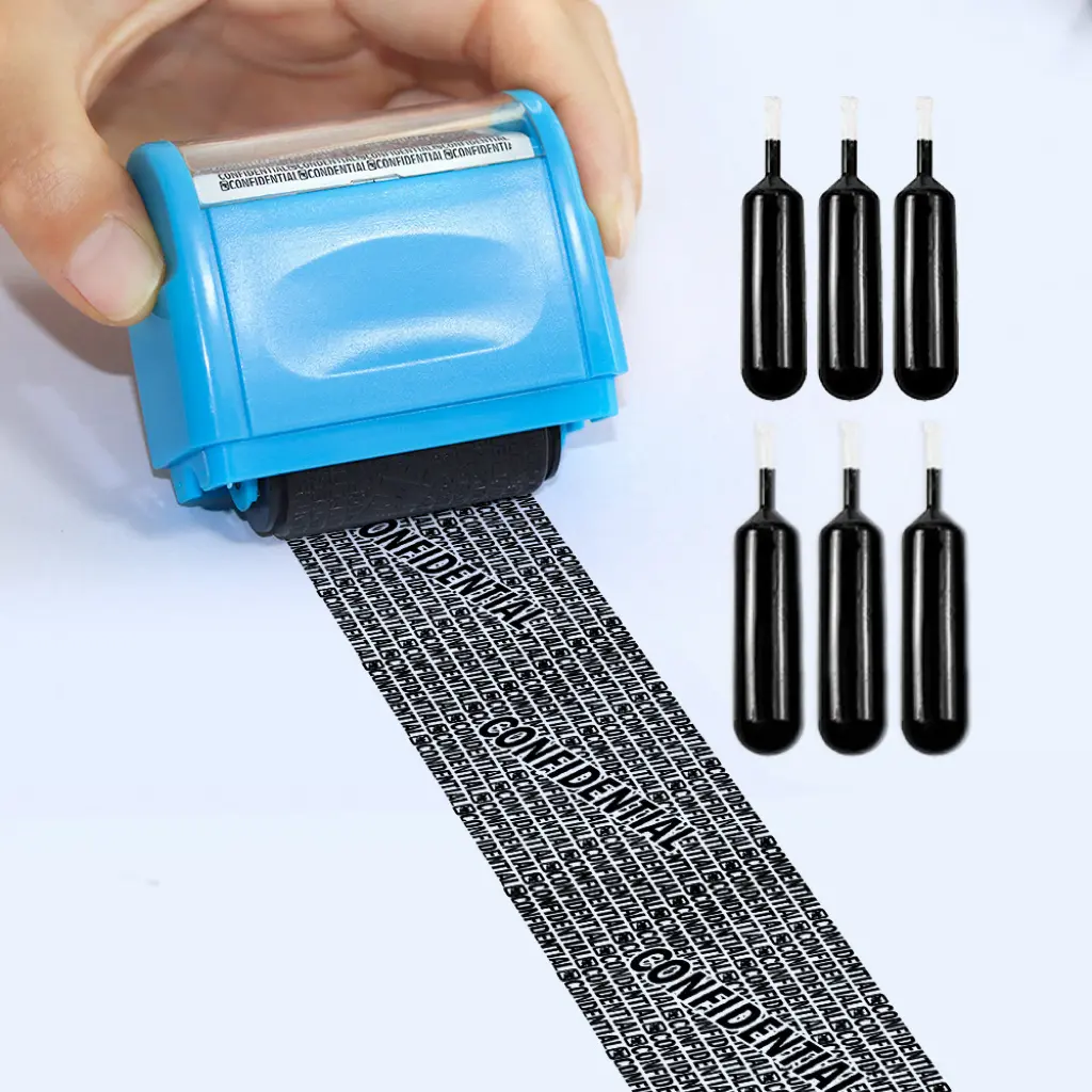 Wide Identity Theft Protection Roller Stamp Blue, Privacy Confidential Address Blocker Stamp with 6 Refill Ink Cartridges for Secure Personal Information Masking