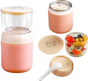 Insulated Yogurt Container with Topping Cereal or Oatmeal Cup, Reusable Portable Leak-Proof Food Storage Jar with Lid and Spoon, Breakfast On the Go Cup for Milk, Granola, BPA Free, Pink Kitchen Plastic