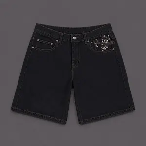 Cherry Blossom Embroidered Black Denim Jorts