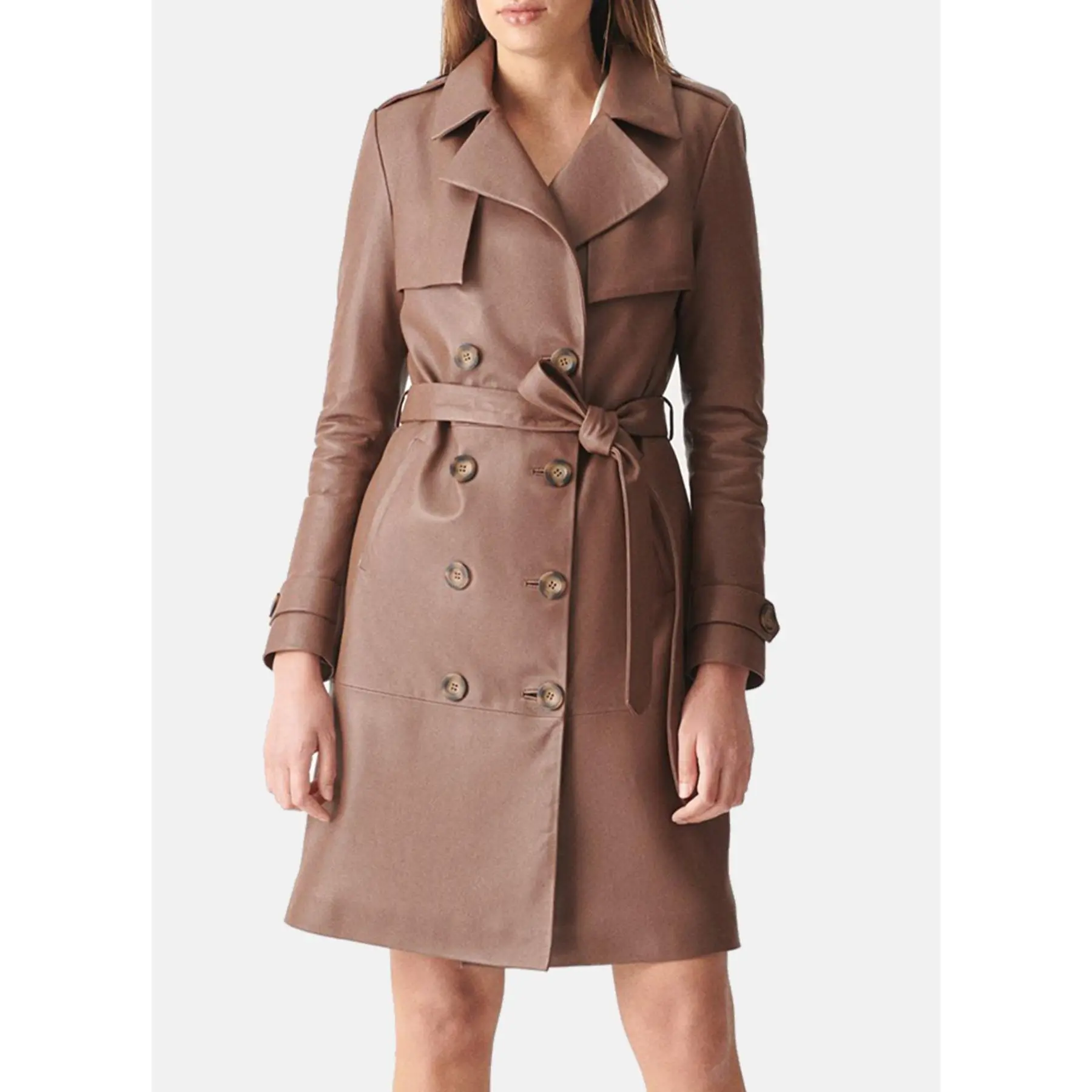 Womens Modern Brown Trench Leather Coat