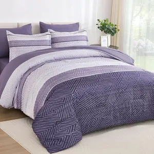 Purple Comforter Set King Size 7 Piece Bed in a Bag, Boho Striped Bedding Set, Soft Microfiber Comforter and Sheet Set for All Season (King, 104"x90")