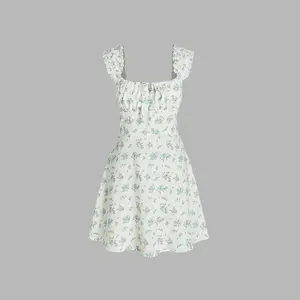 Cider Women's Casual Ditsy Floral Square Neck Drawstring Ruched Mini Dress, 2 Colors, Size 0-26