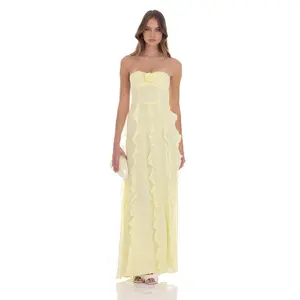 Chiffon Rossette Ruffle Maxi Dress in Yellow
