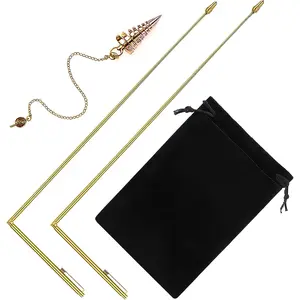 3 Piece Copper Dowsing Rods Spiritual Set, Retractable Divining Rods with Pendulum, Divining with Bag for Finding, Ghost Hunting, Energy Healing, Treasure Locating(Gold)