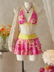 Women's Backless Strap Bikini Set, Fashionable Printed Low-Waist Skirt Style Three-Piece, Stylish Swimwear for Women, Floral Bikini Top, Floral Print Bikinis