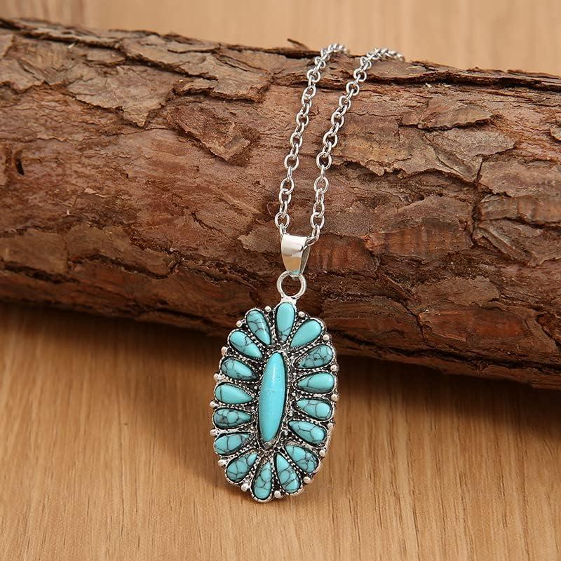 valentines gifts for gf Natural Turquoise Necklace Boho Bead Silver Cross Vintage Statement Pendant Necklace Handmade Turquoise Western Necklaces Jewelry for Women