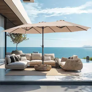15 Ft Large Patio Umbrella with Base Include,Double Sided Outdoor Rectangular Patio Umbrella with Crank Handle for Pool Garden Backyard,Beige Beach Shade Canopy