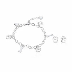 Pet Lover BFF Multi-Charm Bracelet & Paw Print Stud Earrings Set Sterling Silver