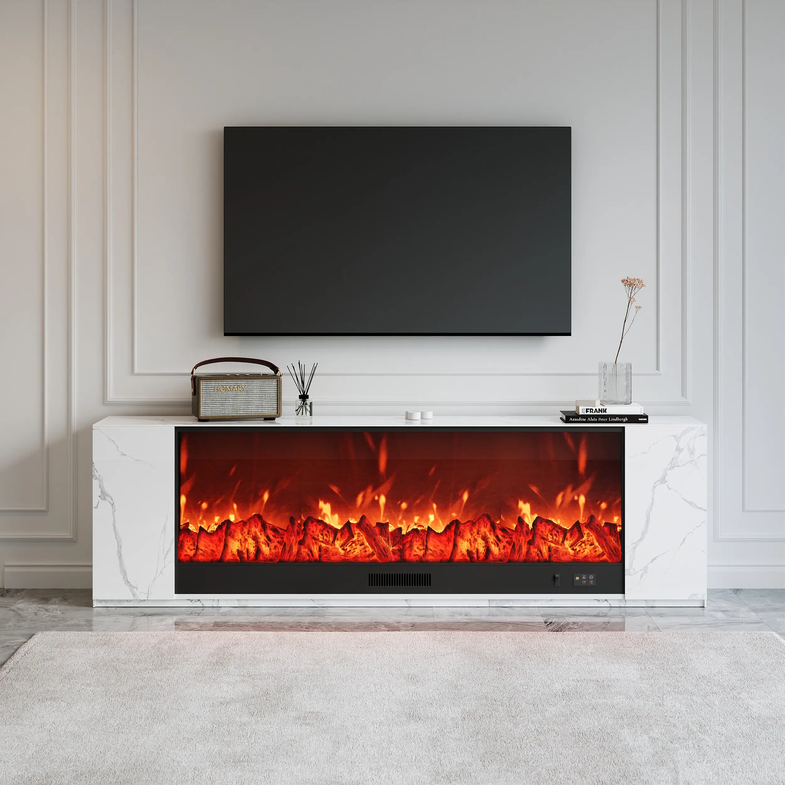 Homary 79" Sintered Stone Electric Fireplace TV Stand with Remote Control