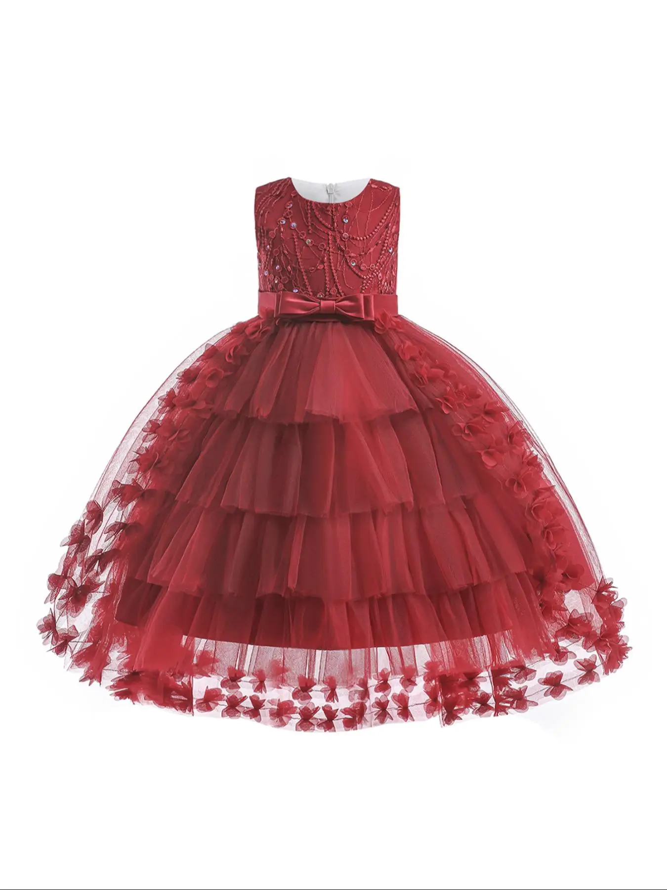 Girl's Luxury Sequin Appliques Embroidered Bow Front Tiered Layer Dress, Birthday Dresses 2024, Prom Dress, Cute Romantic High Low Hem Dress for Party