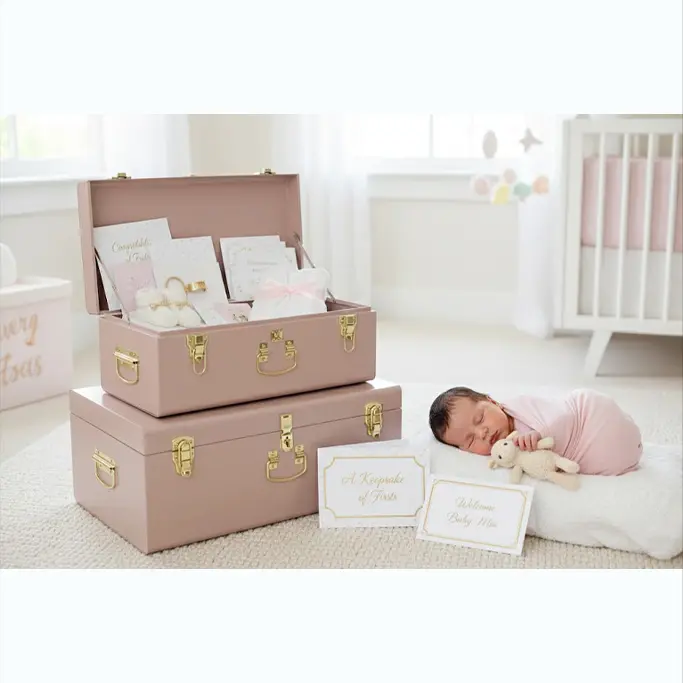 Light Pink Metal Trunk Set of 2 - Aesthetic Home Organizer & Keepsake DIY Gift for Girls Sheet Storage Boxes