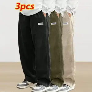3-piece men's corduroy pants, retro texture casual pants, regular waist design, suitable for casual wear, straight leg pants style, corduroy fabric, comfortable for daily wear, loose fitting pants.RAIMENTRY
