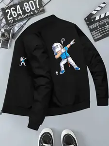 Street Style Golf Cartoon Print Baseball Jacket, Unique Design Loose Fit Slimming Outerwear, Trendy Casual Long Sleeve Pullover